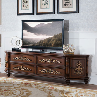 美式实木复古电视柜茶几组合储物地柜储物彩绘电视柜欧式雕花家具