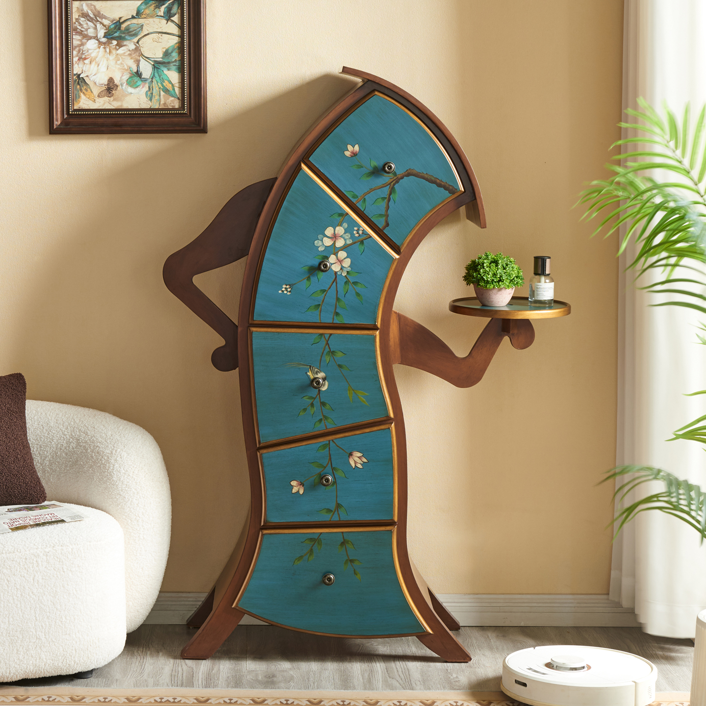 实木美式彩绘复古叉腰五斗柜艺术