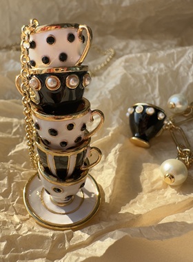 小众珐琅釉茶杯项链不对称耳钉设计感茶壶项链 外贸出口品质
