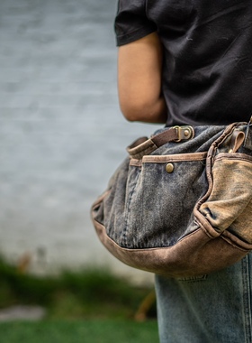 疯子张原创新款牛仔皮拼布斜挎包做旧复古可调节手提水桶包9934/