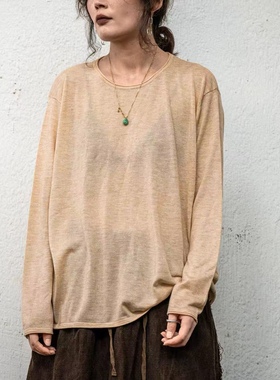 疯子张复古多色绵羊毛宽松圆领文艺松弛感休闲打底T恤08552