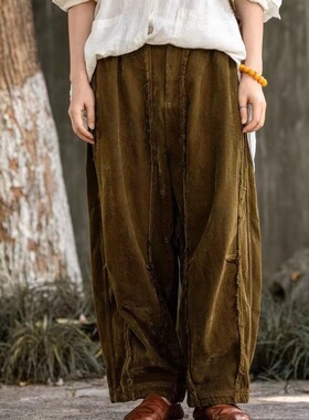 疯子张原创设计秋冬提花松紧腰复古休闲直筒哈伦长裤休闲裤08423