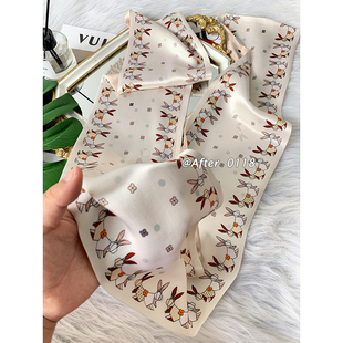 饰领巾飘带长条丝巾 100桑蚕丝丝巾女装 双面双层真丝围巾 可爱风