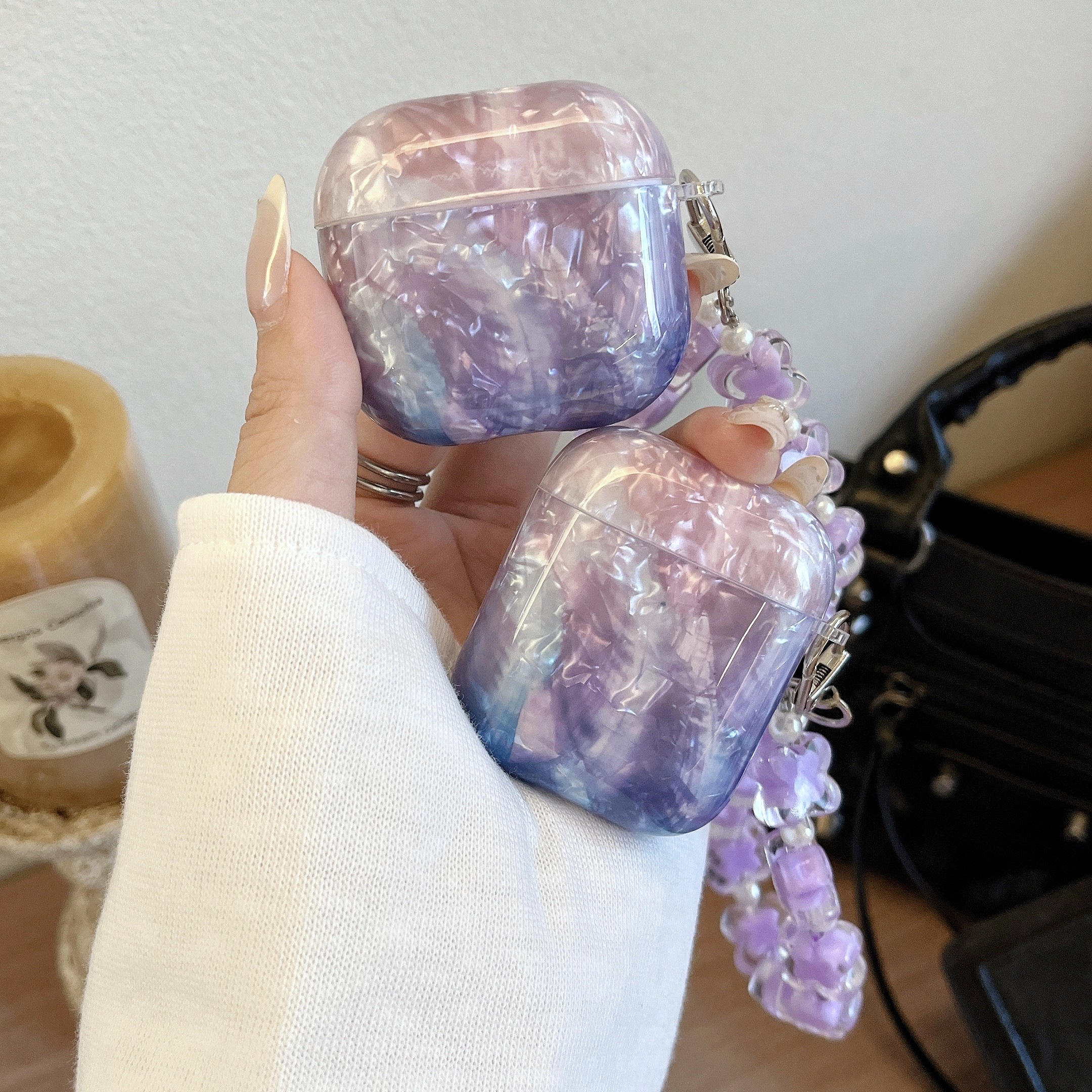 ins风少女心适用苹果airpodsPro3代耳机壳炫彩紫色贝壳纹airpods4代蓝牙耳机套防摔女手链1/2代保护套