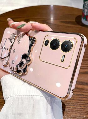 适用VIVO V25 5G海外版V25E手机壳防摔V25Pro 5G国际版硅胶卡通V2202保护套V2158创意KT猫补妆镜子支架个性新