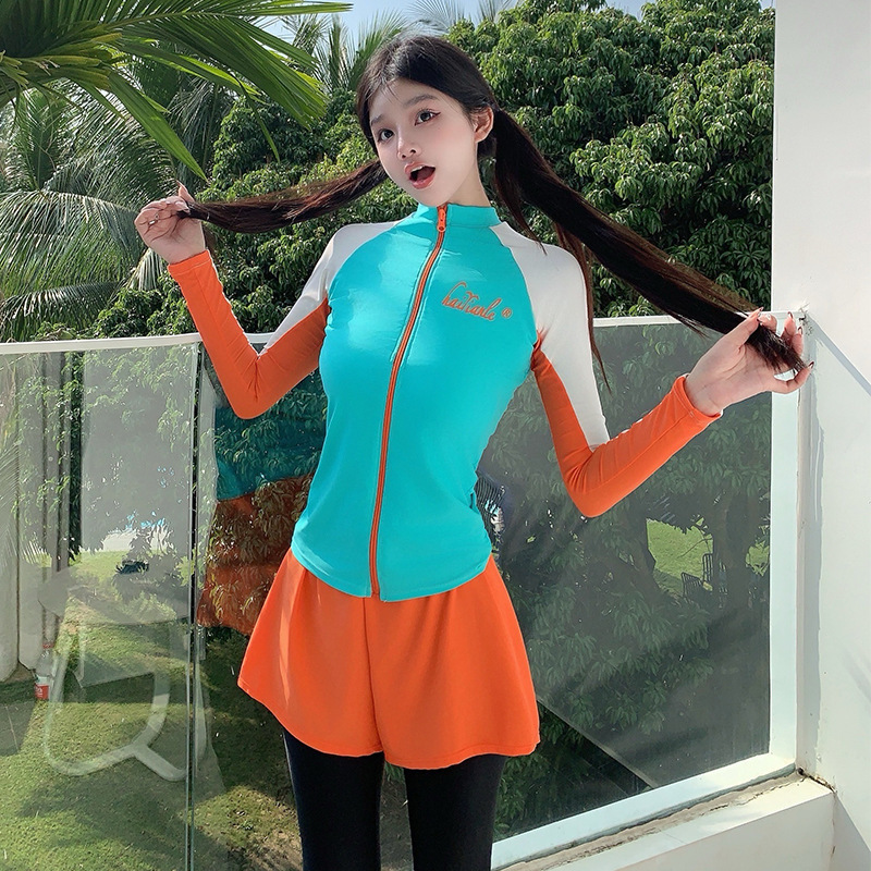 新款女式分体平角长袖长裤套装显瘦遮肚两件套防晒潜水服冲浪
