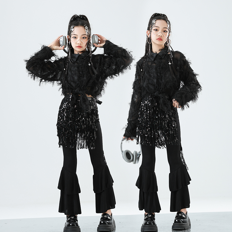 女童黑色爵士舞演出服走秀套装潮