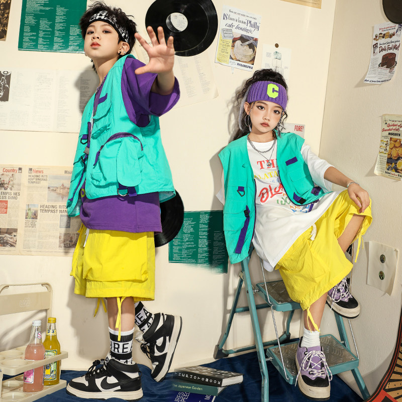 街舞儿童潮服男童嘻哈街头风套装女童hiphop工装马甲三件套演出服