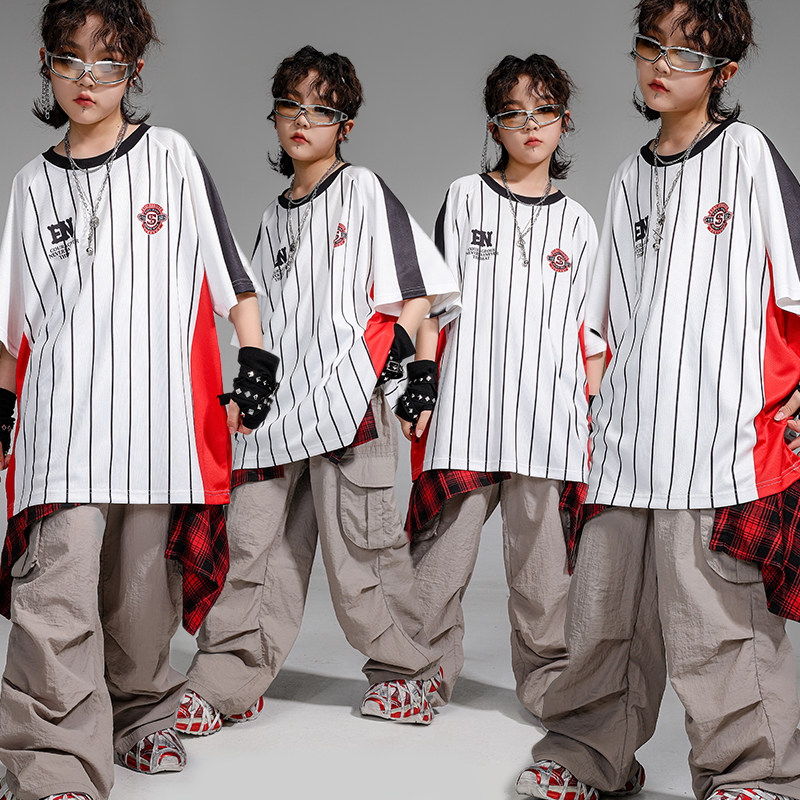 少儿街舞套装儿童女童白色短袖T恤夏季男童hiphop嘻哈演出服潮服