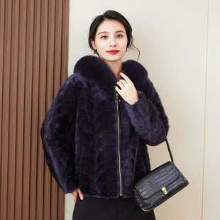 2025新款水貂皮草外套连帽狐狸毛领短款女士裘皮大衣貂皮宽松休闲