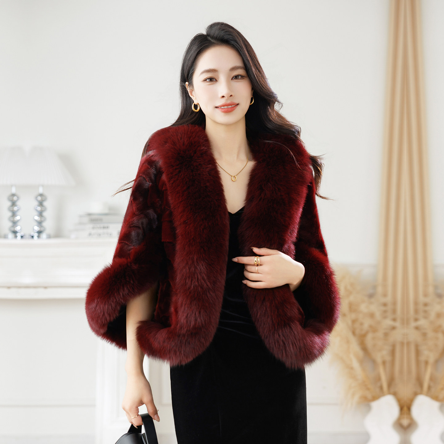 婚纱礼服秋冬新娘喜婆婆喜妈妈结婚水貂皮草外套短狐狸毛披肩斗篷