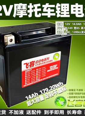 摩托车电瓶12V 14Ah飞客锂电池通用YTX12 MGS12-BS YT12-4铅酸