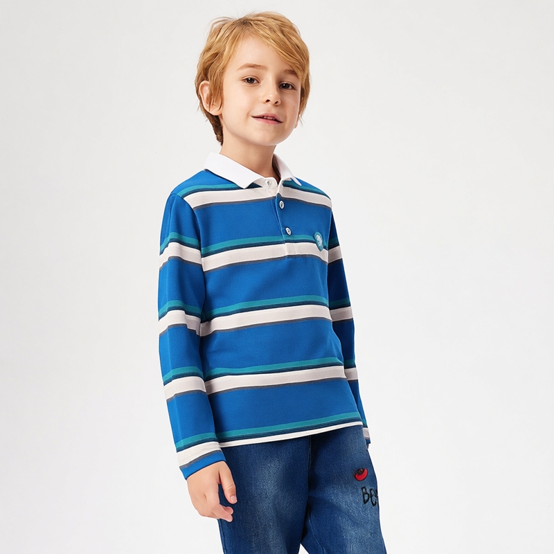 海威迩男童条纹立领长袖POLO衫