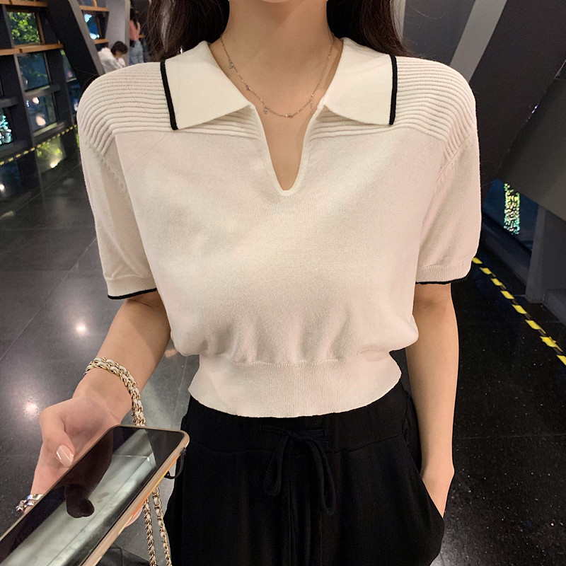 Summer temperament academy style simple Polo neck short sleeve T-shirt women's New Retro top fashion in 2021