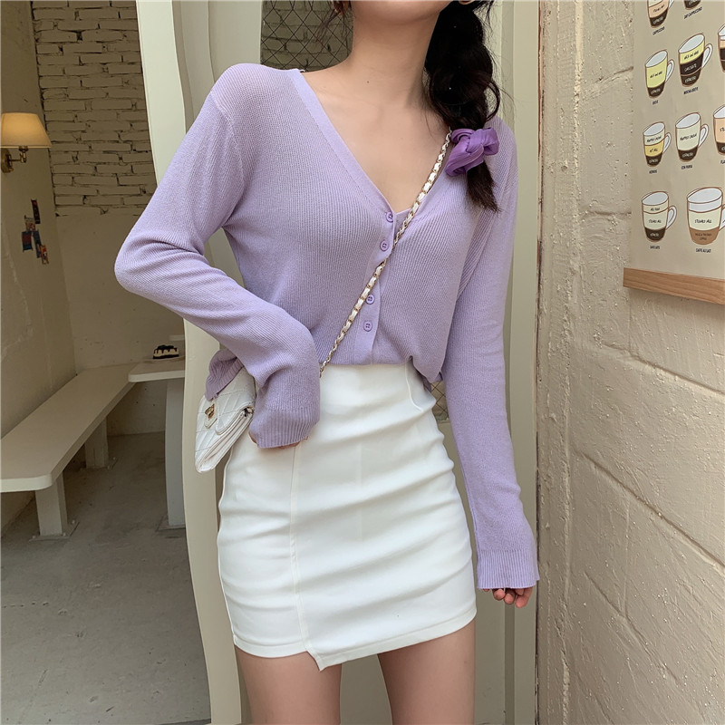 Real shot Korean version long sleeve knitted cardigan sunscreen thin coat air conditioning clothing candy color