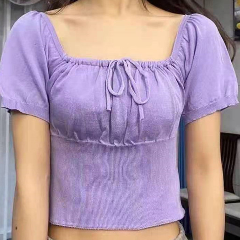 New sweet square neck tie open navel bubble sleeve T-shirt women's base top fashion