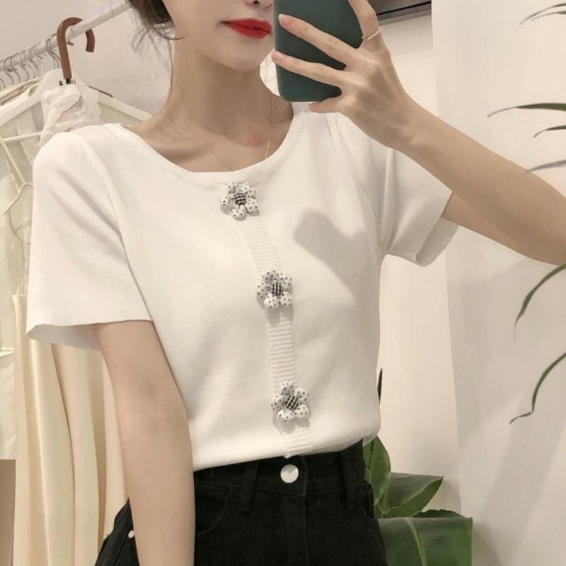 Gentle style and foreign style knitting short sleeve summer thin white women's design fashion