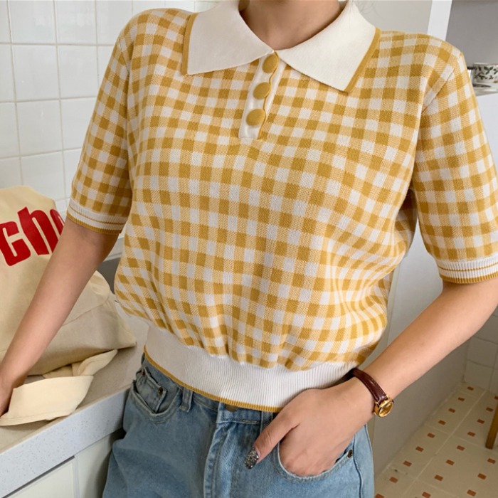 Korean style short sleeve women's summer new age reducing versatile contrast Plaid collar Knitted Top