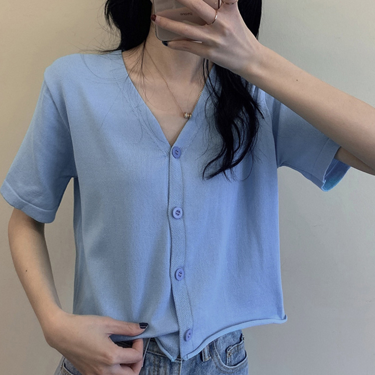 Real price Korean button cardigan shows thin and versatile collar short sleeve knitted top for women