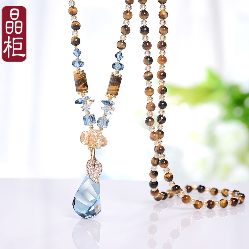 S925纯银天然毛衣链长款2026年新款长款水晶项链女轻奢小众吊坠