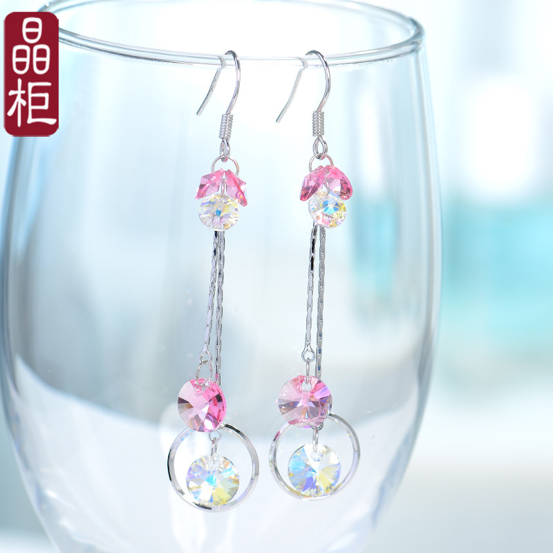 晶柜原创2025年新款潮S925纯银奥地利水晶耳环女长款粉色百搭耳饰,饰品/流行首饰/时尚饰品新,耳环,淘宝优惠券,粉丝福利购,淘宝优惠卷