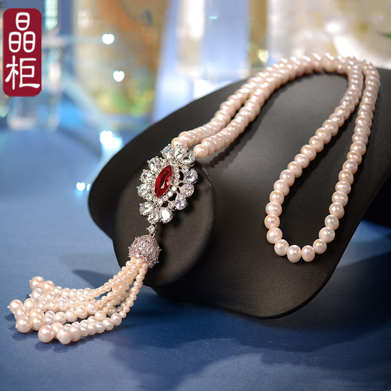 晶柜天然珍珠流苏吊坠长款毛衣链2026年新款潮项链女挂件复古饰品