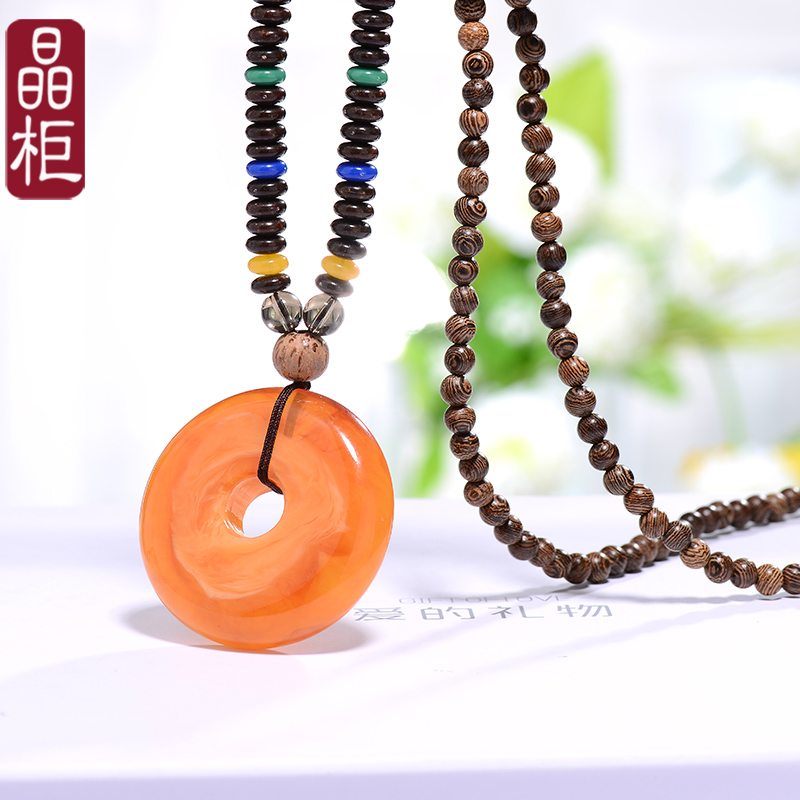晶柜项链女毛衣链长款百搭简约鸡翅木仿蜜蜡吊坠时尚民族风礼物