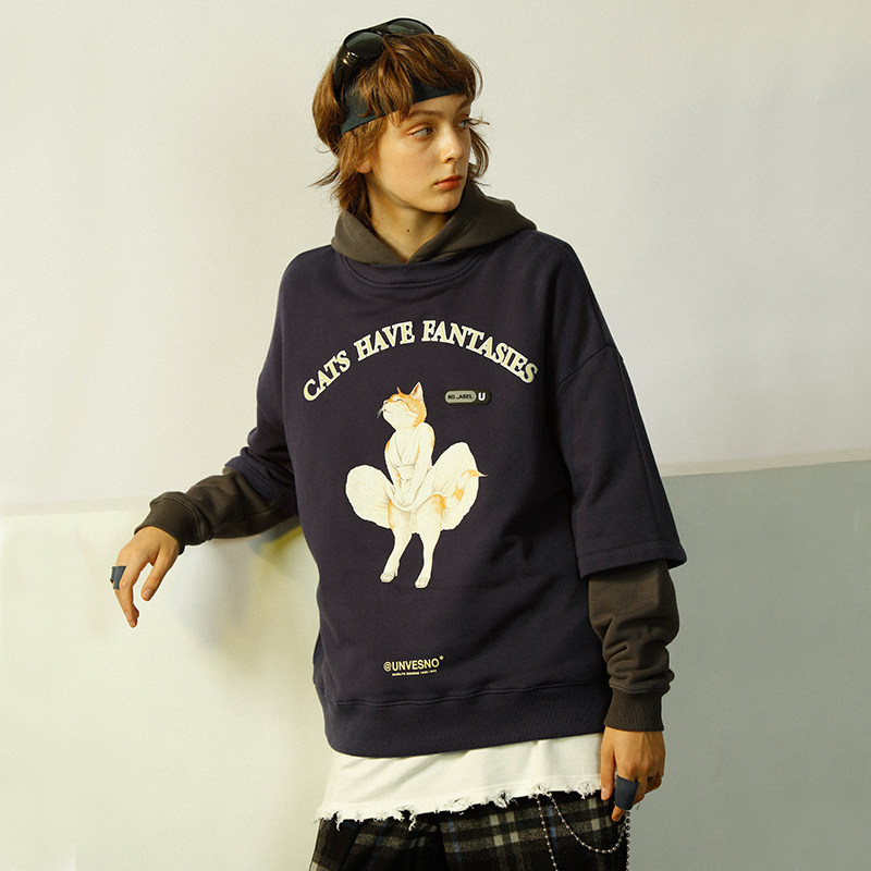 unvesno 18aw 原创梦露猫印花紫灰色假两件拼接情侣宽松连帽卫衣
