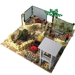 小颗粒拼装积木MOC军事系列沙漠战地指挥部加农炮哨岗警犬