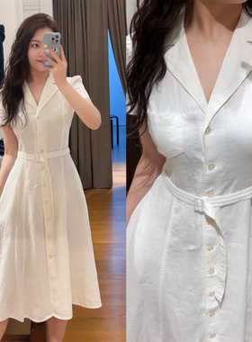 拉夫家2025夏季新款女装全亚麻衬衫连衣裙短袖中长裙系腰带显瘦