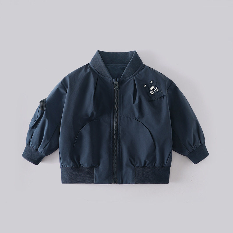 秋冬儿童刺绣夹克休闲大口袋保暖风衣纯色圆领外套男童运动开衫