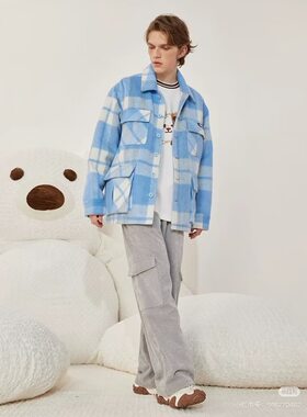 全新正品tsmlxlt毛呢外套男女同款蓝色格纹棉服外套