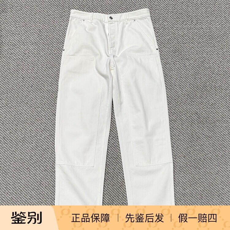 【国内现货】DIOR迪奥新款背面压花皮革标牌男士白色工装牛仔裤