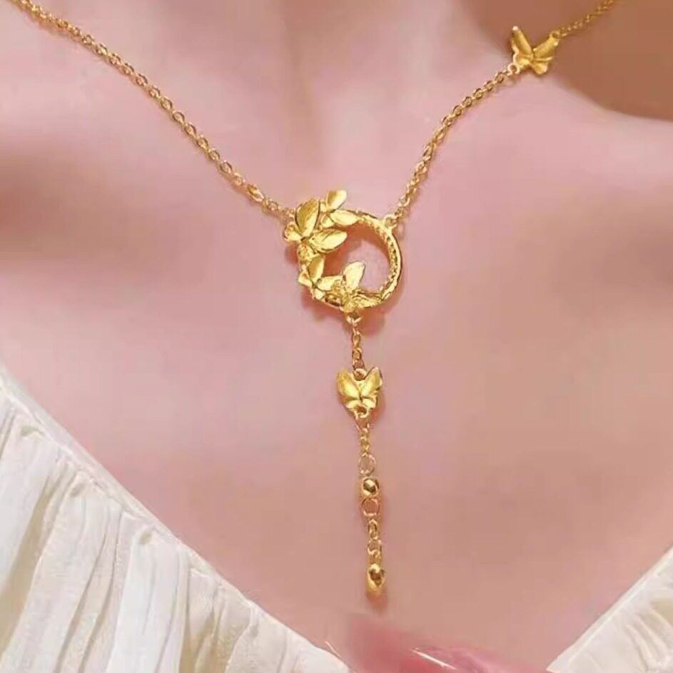 越南5G沙金蝴蝶流苏项链女款时尚百搭厚镀真金不掉色