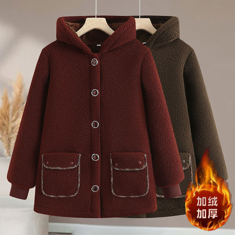 妈妈秋冬装加绒加厚羊羔绒棉衣中老年女装连帽颗粒绒防寒保暖外套