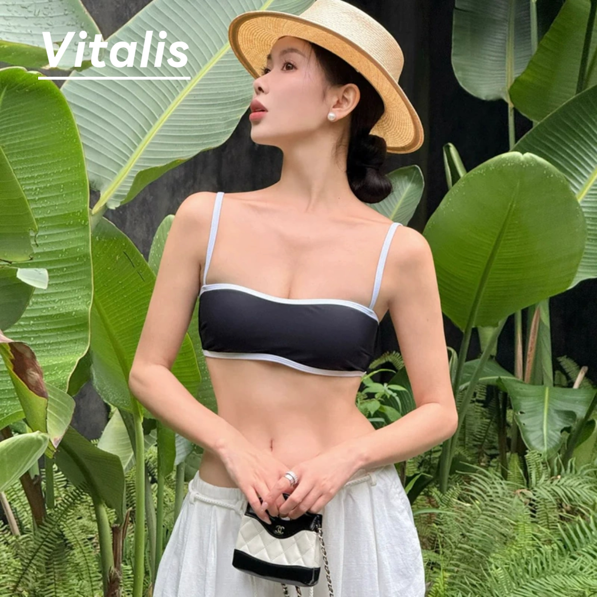 Vitalis撞色低腰带肩带比基尼