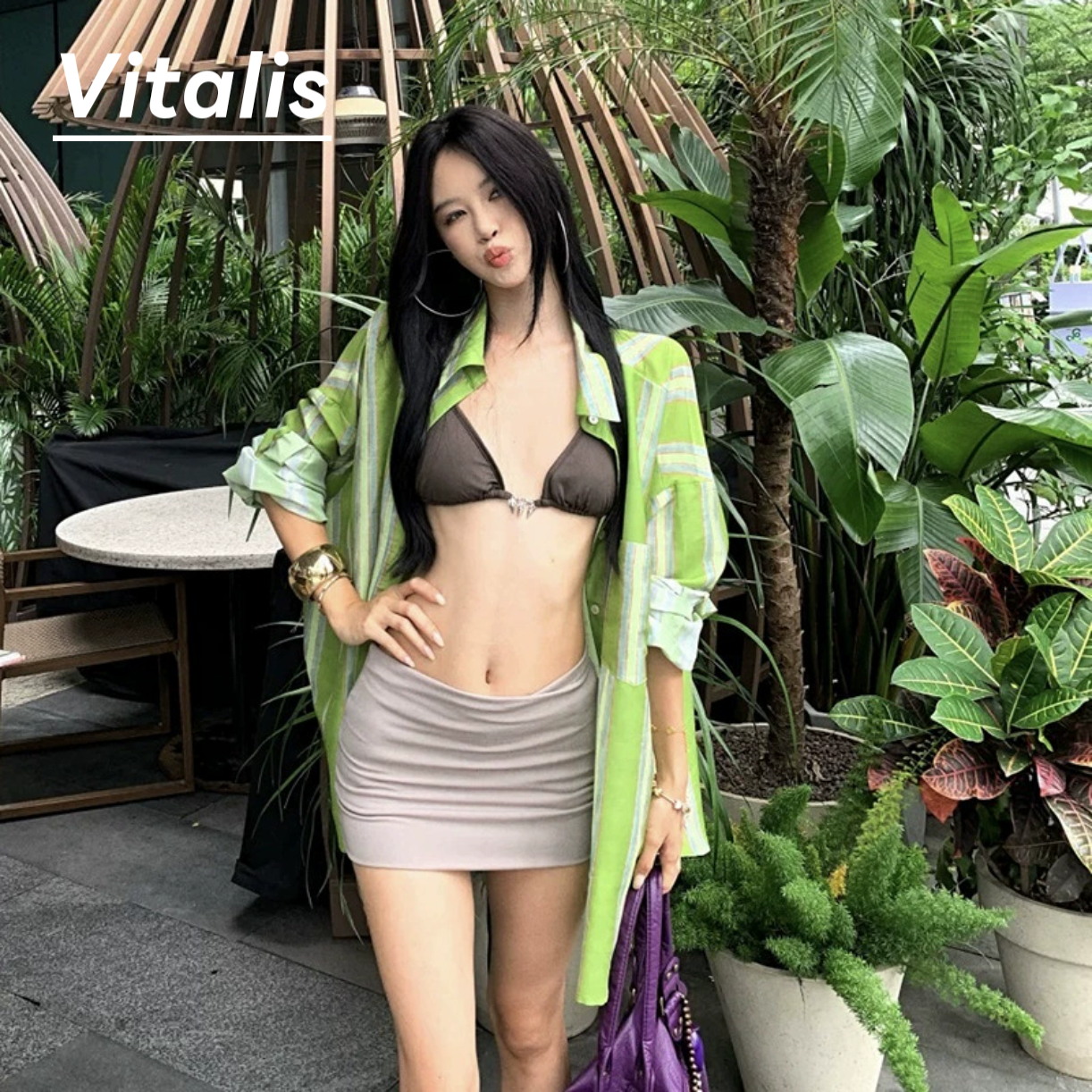 Vitalis绿色条纹防晒衬衫女海岛度假比基尼泳衣套装性感辣妹感
