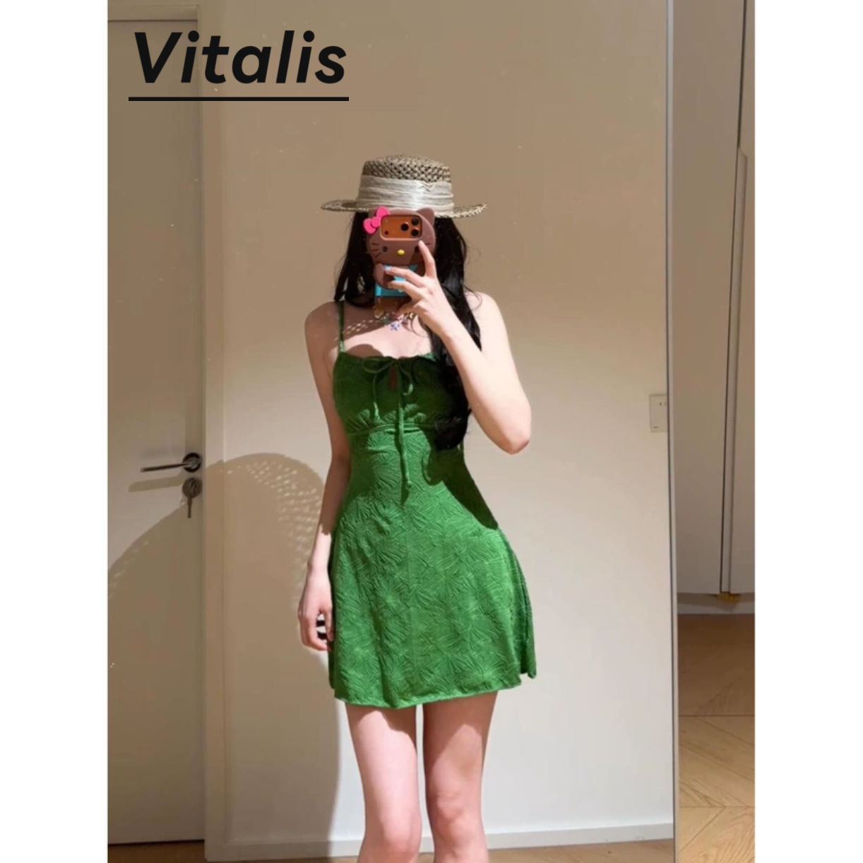 超显白森绿绑带裙式连体泳衣女