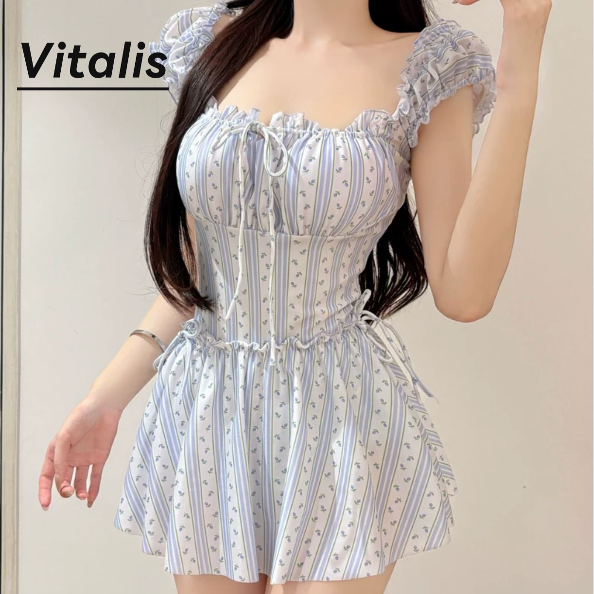 Vitalis26新款复古甜美可爱少女学生碎花保守裙两件套连体泳衣女