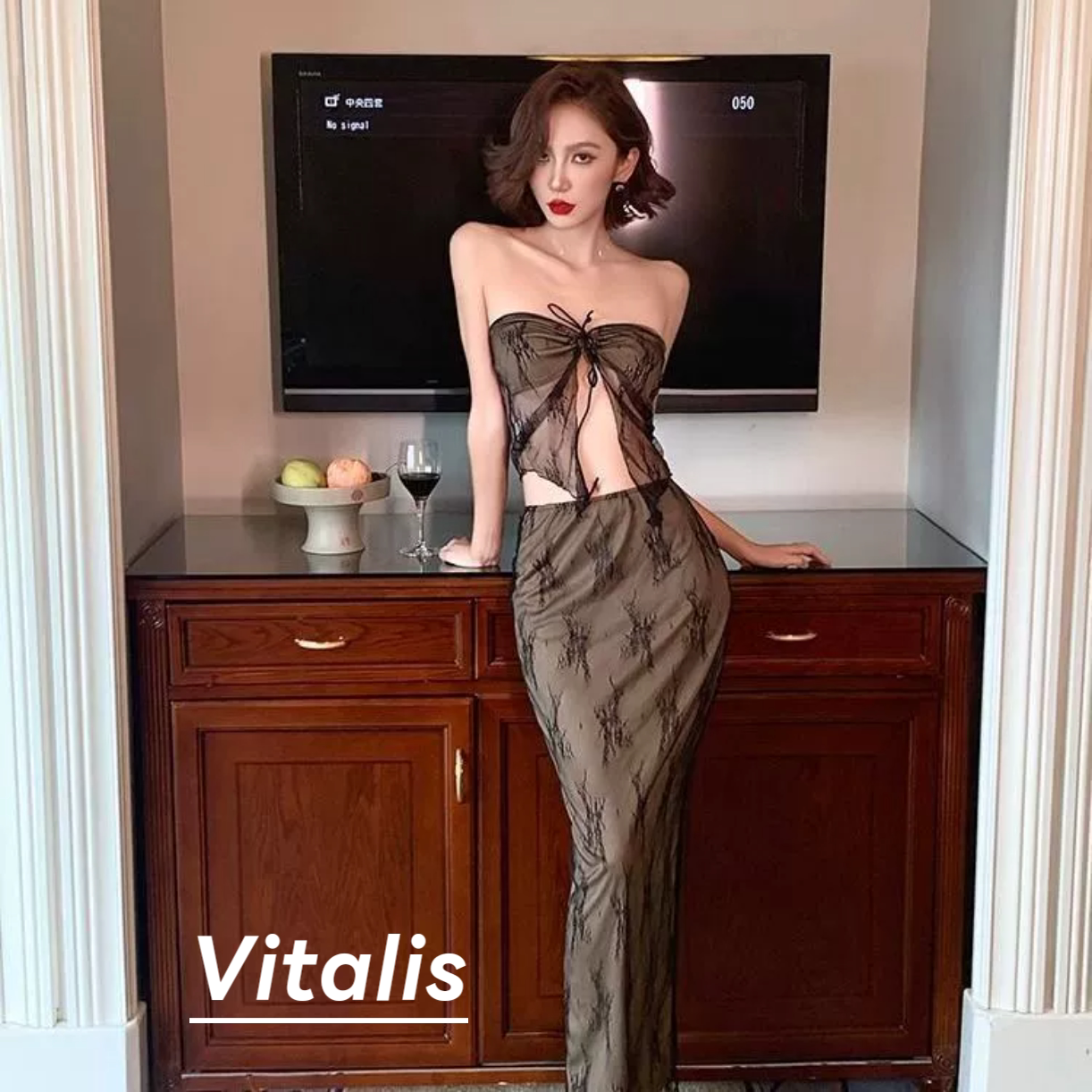 Vitalis比基尼泳衣女性感纯欲风黑色蕾丝度假系带抹胸包臀半裙