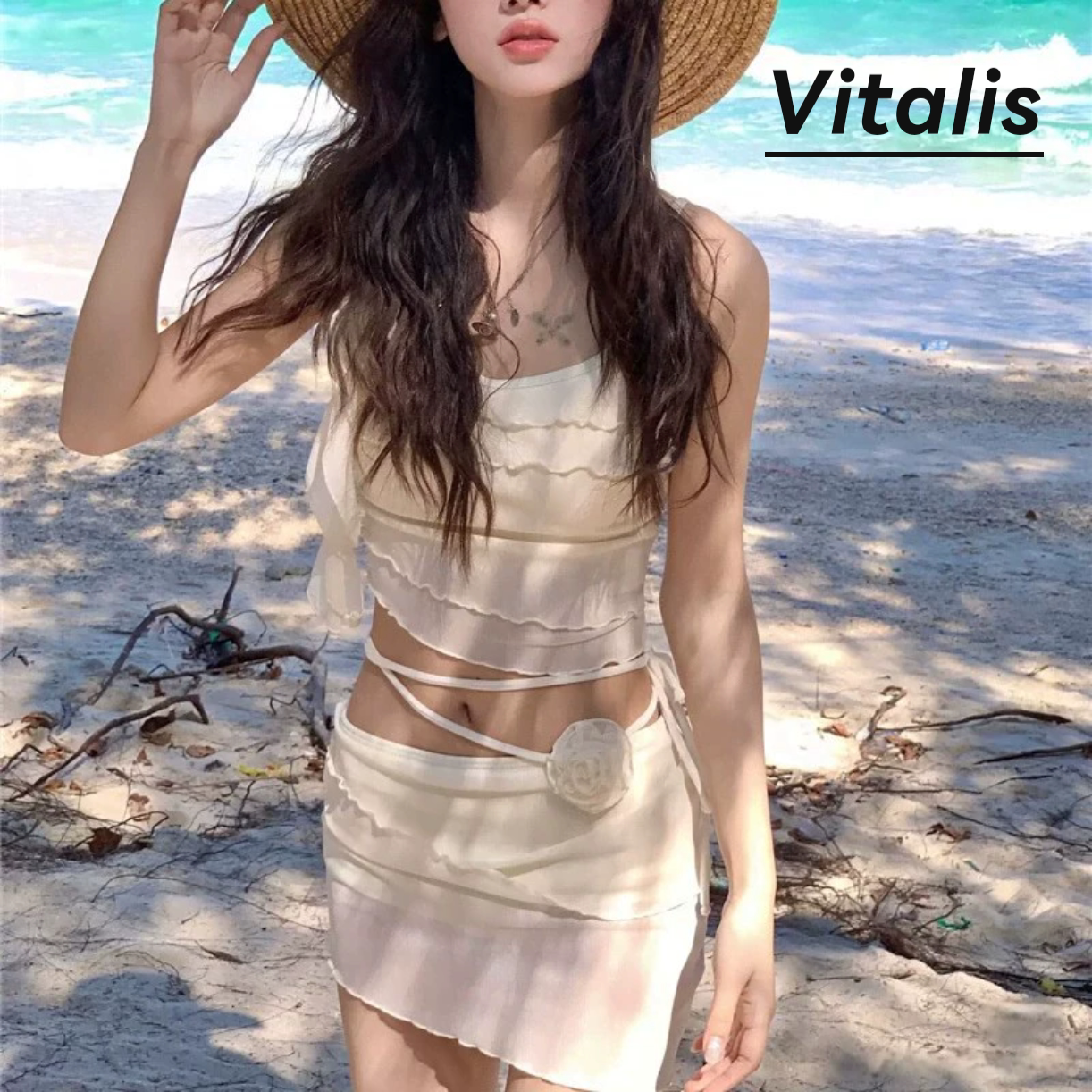 Vitalis新款蕾丝仙气纯欲立体花朵性感网纱吊带辣妹温泉海边分体