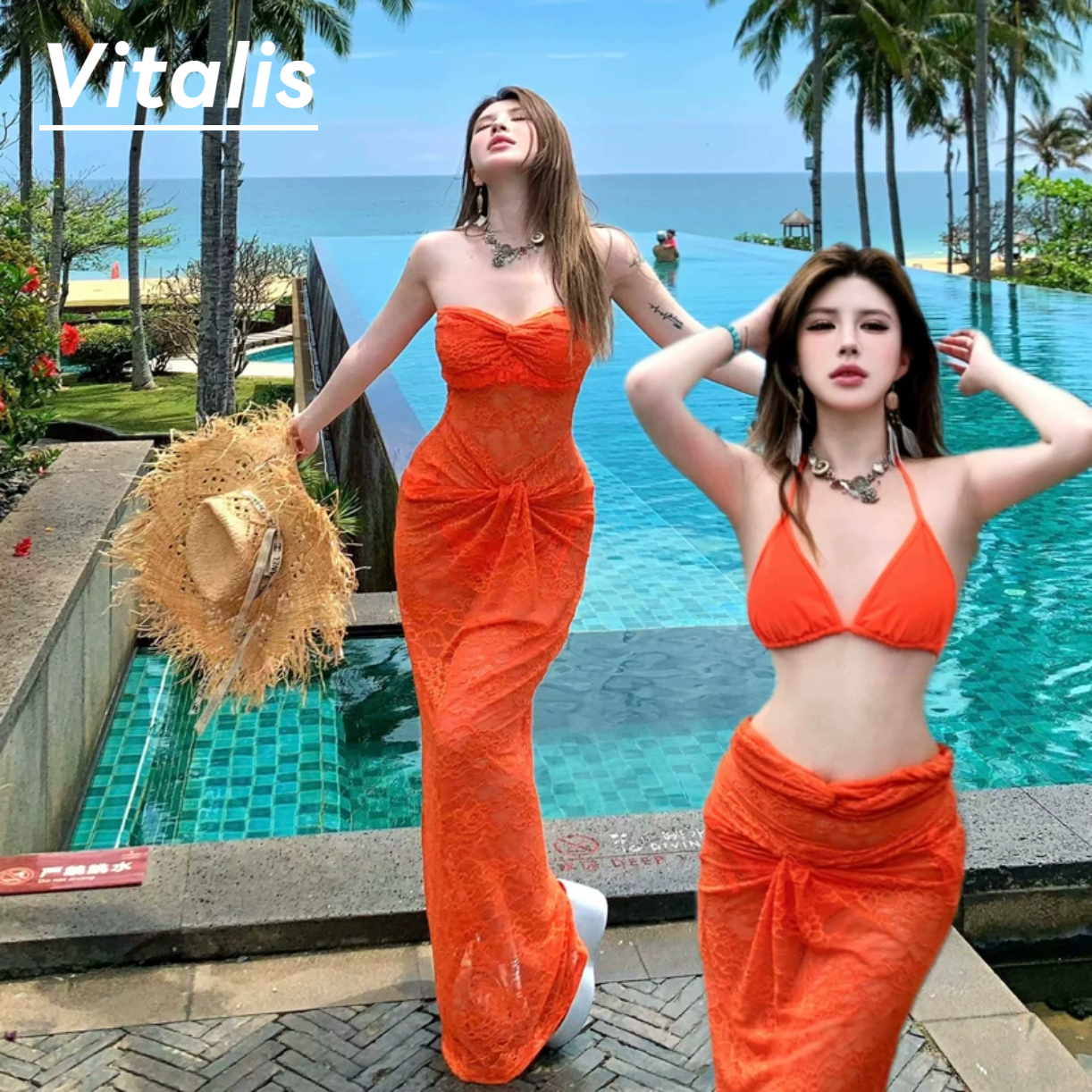Vitalis橘色镂空蕾丝包臀比基尼抹胸纯欲性感长裙连衣裙海边度假