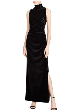 2024新款韩版女装长款金丝绒连衣裙立领收腰包臀开叉性感长裙礼服