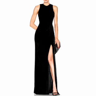 新款春季韩版女装长款连衣裙金丝绒圆领无袖开叉性感长裙年会礼服