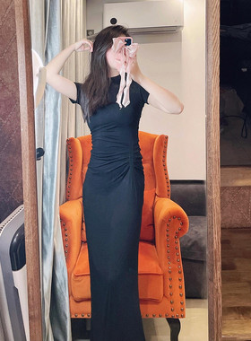 2024年砚林款莫代尔一步裙修身包臀T恤裙气质轻熟褶皱连衣裙长裙