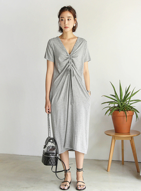 砚林春夏季新款韩版大码女装中长款连衣裙短袖莫代尔休闲长裙气质