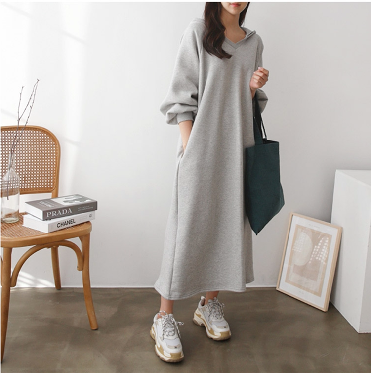 2024秋冬新款韩版大码女装长款连衣裙连帽长袖宽松显瘦卫衣长裙