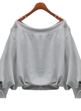 2024春季新款韩版大码女装短款上衣一字领露肩性感宽松显瘦卫衣