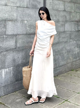 夏季新款仙女半身裙高腰显瘦气质抽绳鱼尾包臀裙奶白色气质中长裙