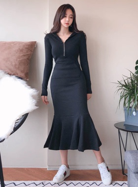 卫衣鱼尾裙女春季纯棉长款保暖2025新款潮打底连衣裙韩版内搭白搭